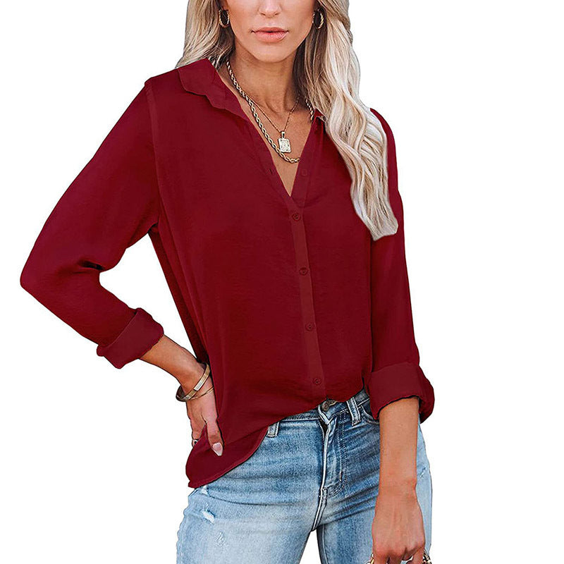 Women's Casual Loose Long Sleeve Button V-neck Blouses