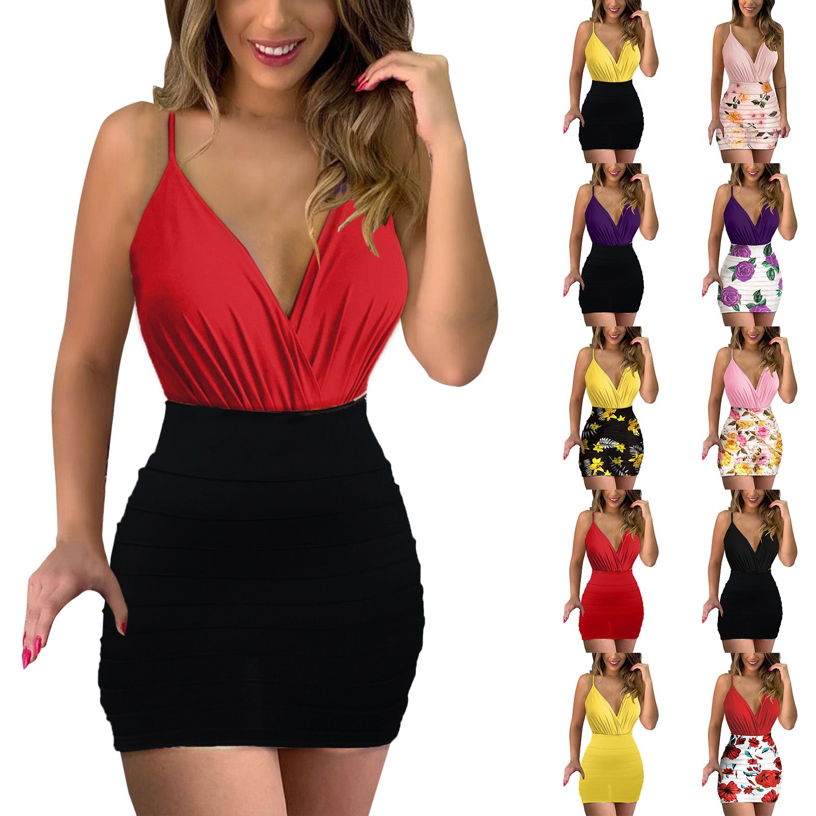 Women's Color Printed Strap Slim-fit Pleating Dress Dresses