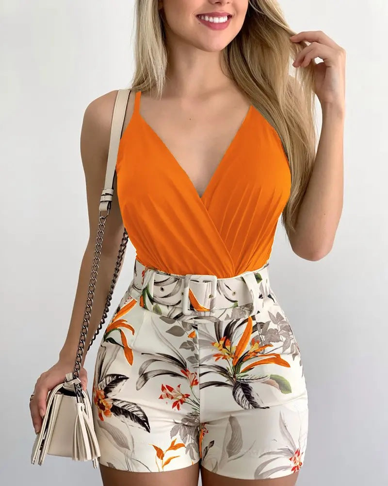 Women's Collar Camisole Plant Print With Belt Suits