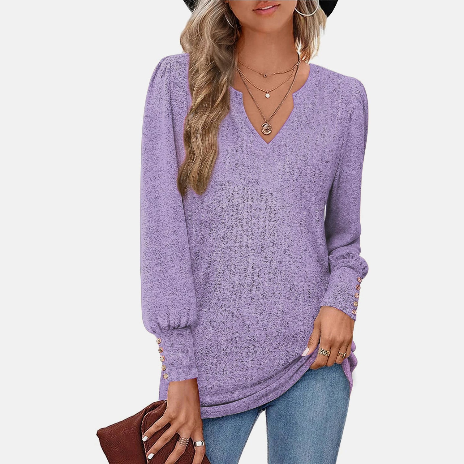 Women's Casual Waist Puff Sleeve Button Long Tops