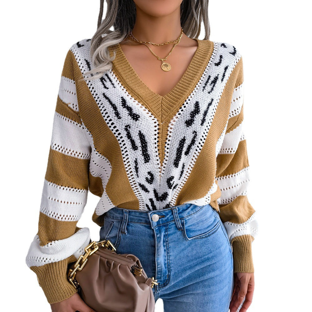 Women's Color Leopard Print Lantern Sleeve Knitted Sweaters