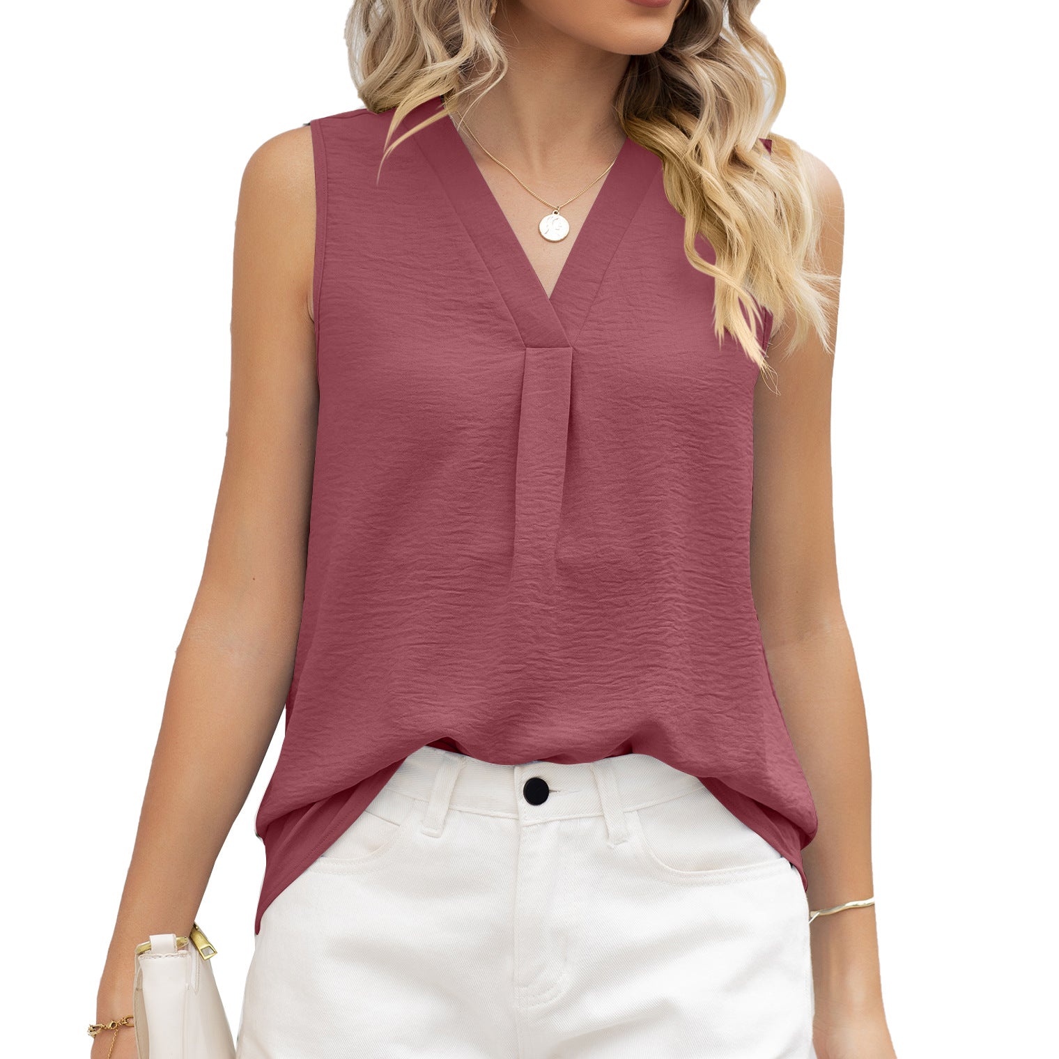 Women's Summer Solid Color V-neck Loose Sleeveless Blouses