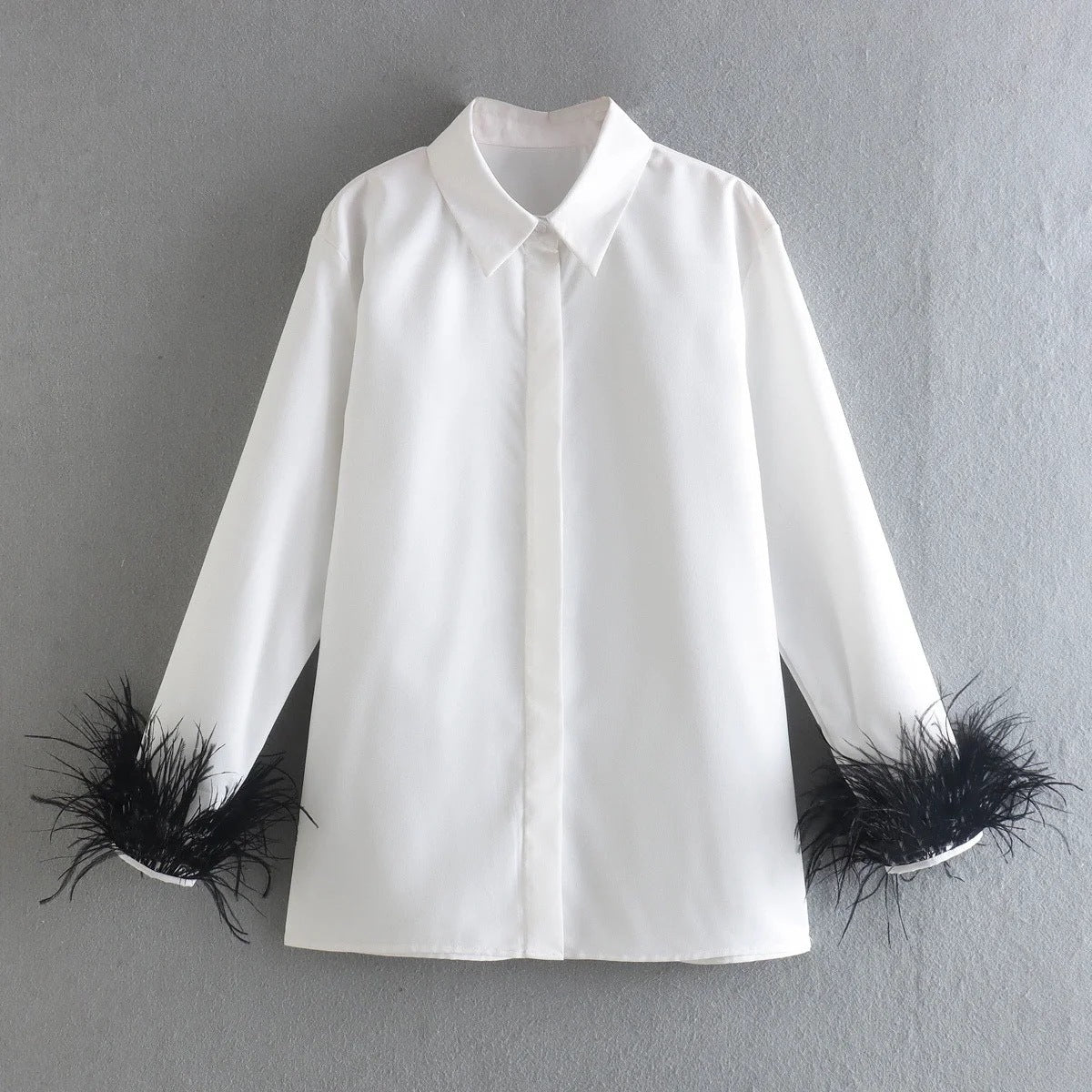 Early Spring Cuff Feather Decorative Shirt Blouses