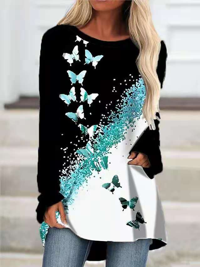 Fashion Casual Round Neck Butterfly Printed Long Sleeve Blouses