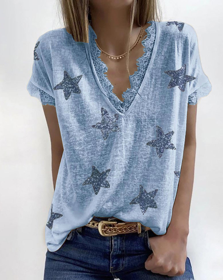 Women's Summer V-neck Printed Lace T-shirt Blouses