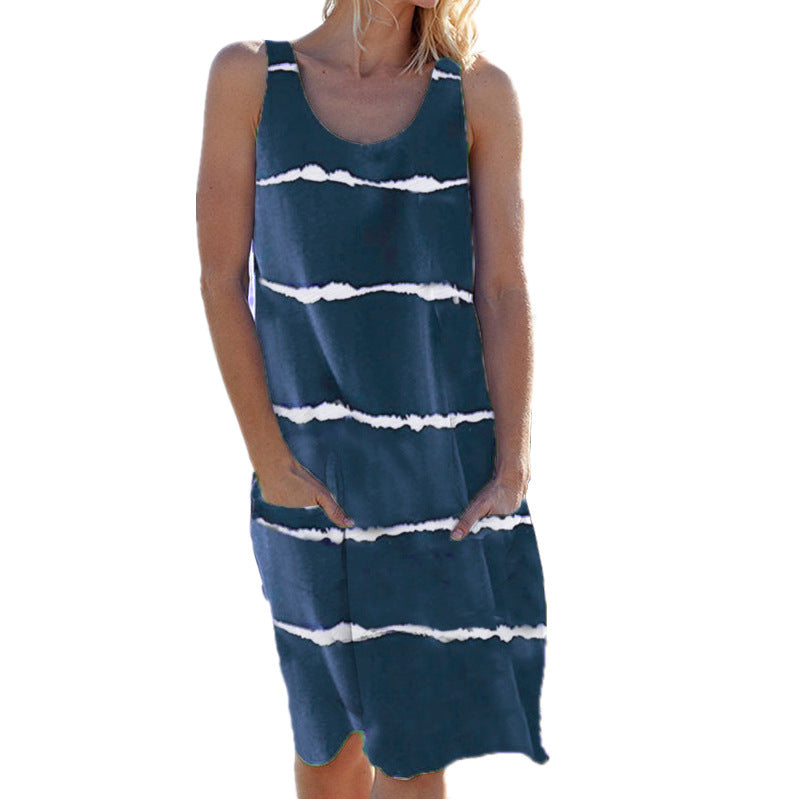 Women's Summer Round Neck Printed Striped Pocket Dresses