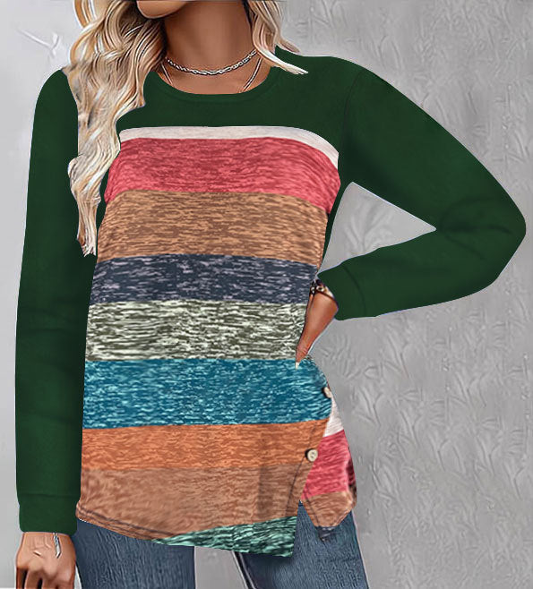 Women's Neck Hem Irregular Mixed Color Stripe Button Long Sleeve Blouses