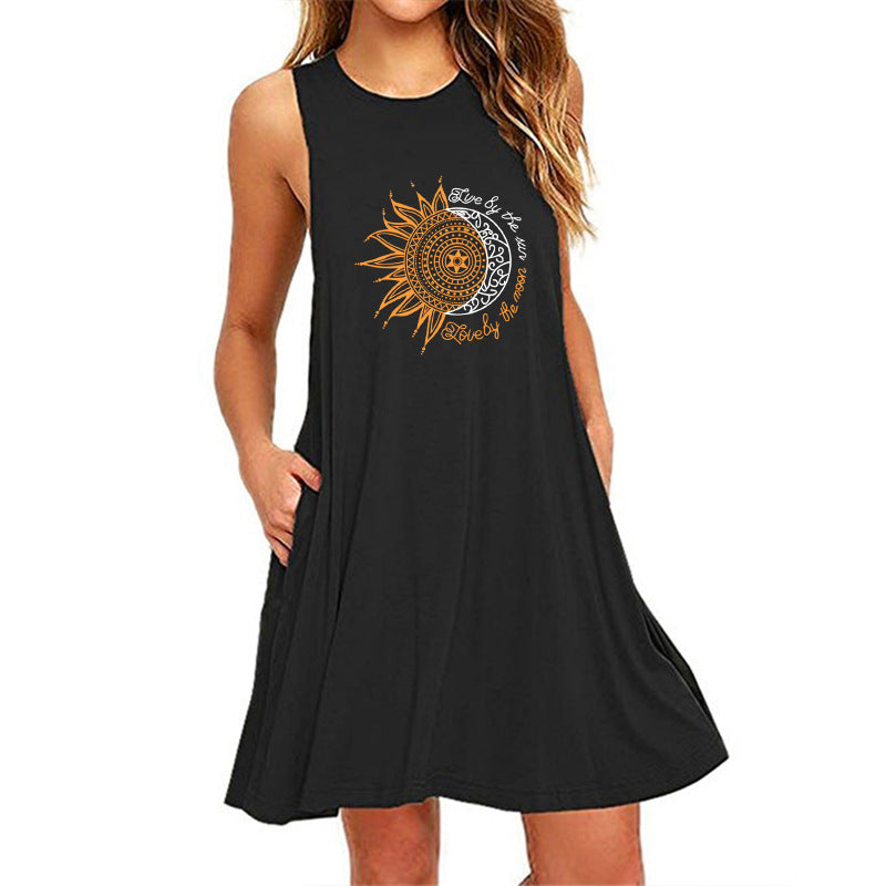 Women's Halloween Sunflower Printed Sleeveless Slim A- Dresses