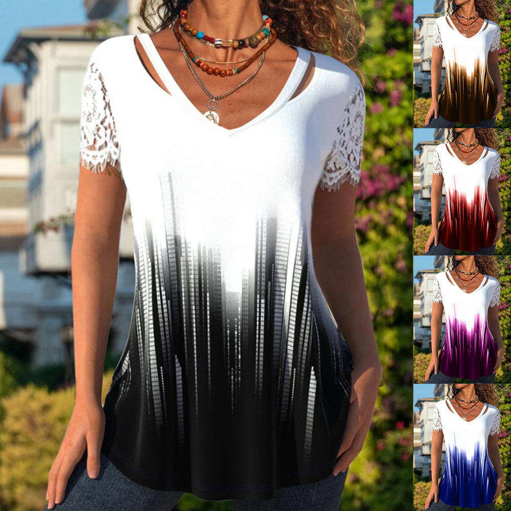 Women's Summer V-neck Gradient Personalized Printed Loose Blouses