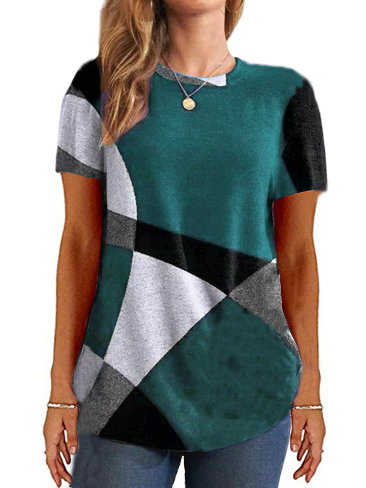 Women's Button Geometric Contrast Color Printed Loose Blouses