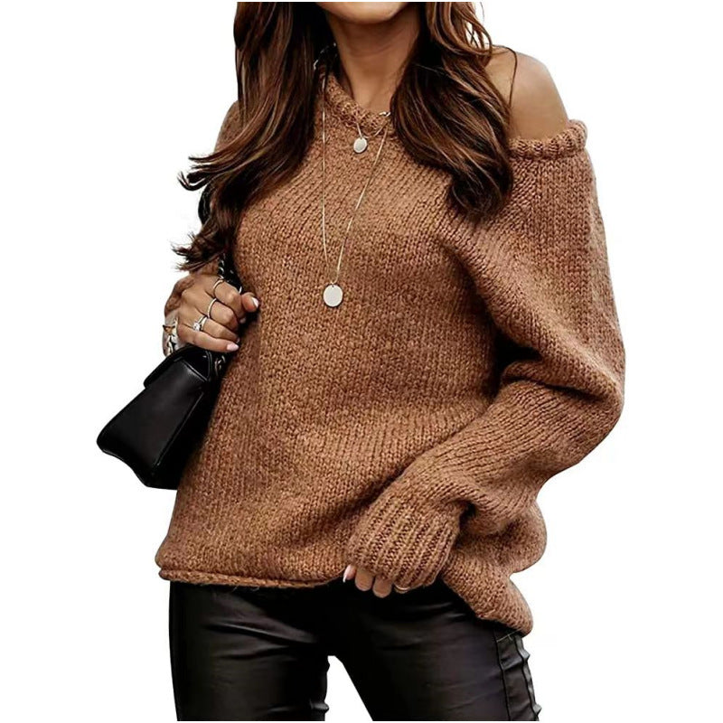 Women's Strapless Sexy Round Neck Pullover Solid Sweaters