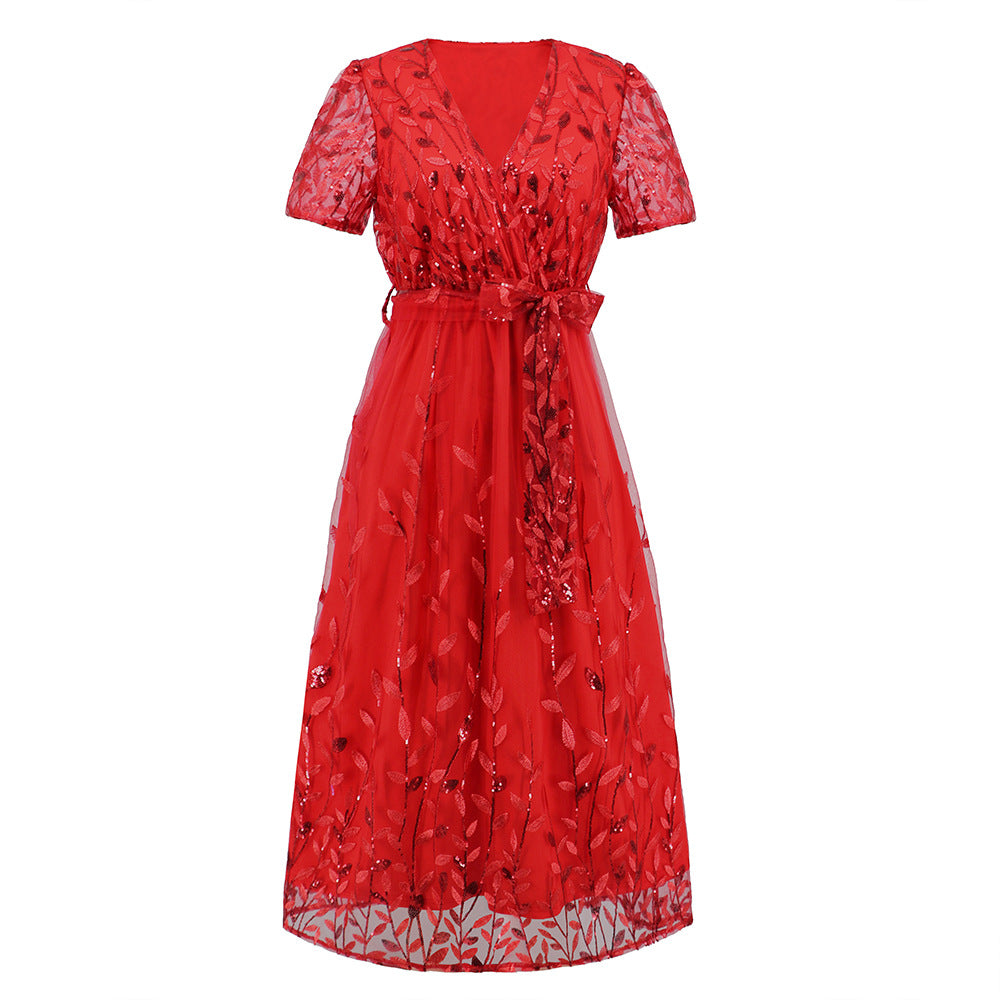 Women's Slim Temperament Embroidered Leaves Sequin Gauze Dresses