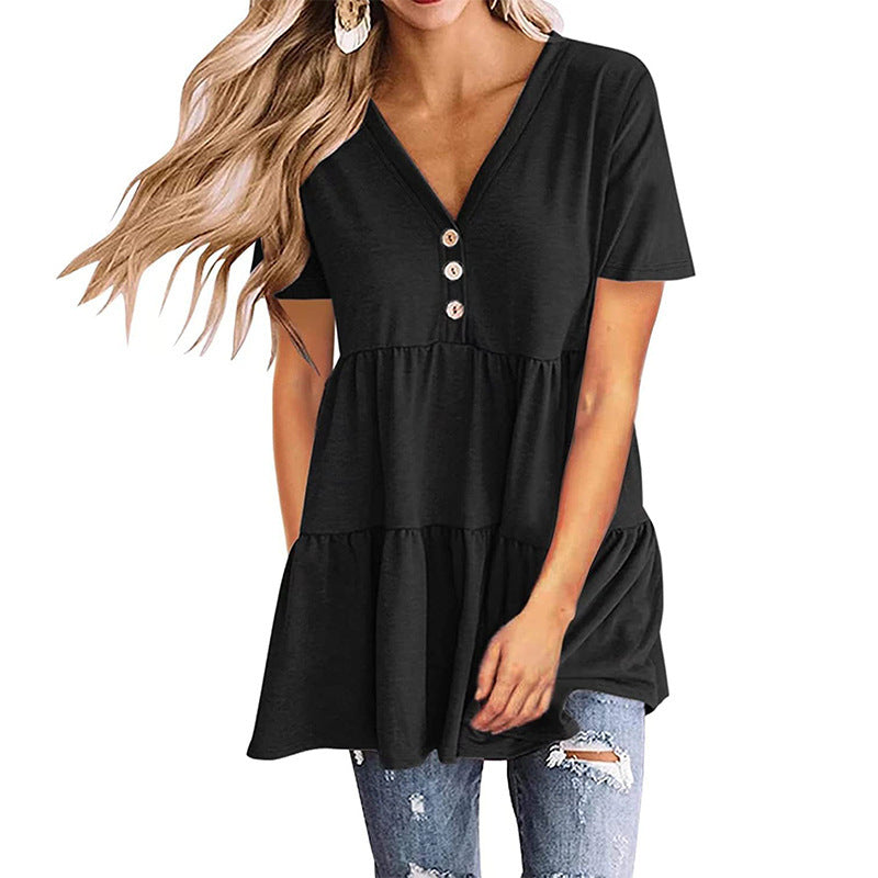 Women's V-neck Short-sleeved Pullover Solid Color Stitching Dresses