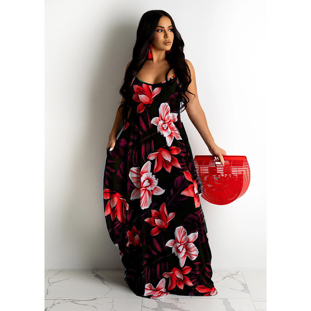 Women's Summer Flower Print Loose Strap Long Dresses