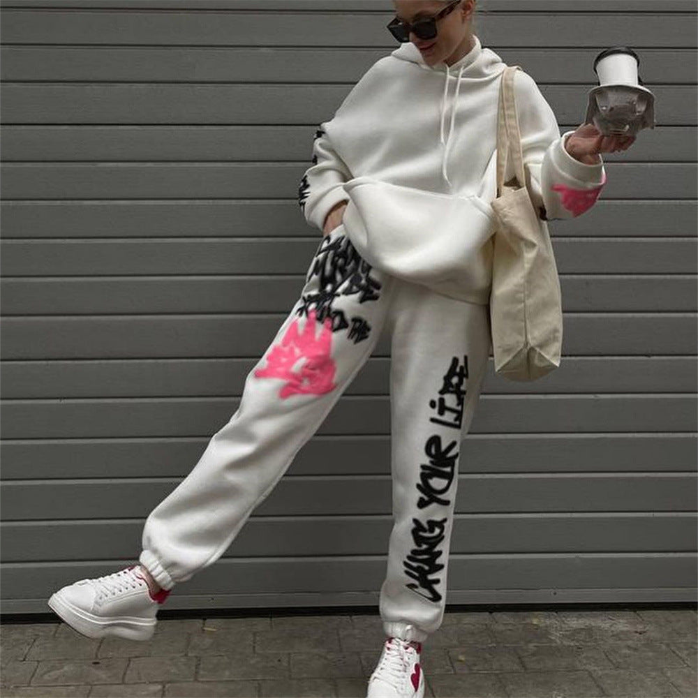 Women's Basic Street Graffiti Printing Hoodie Trousers Suits