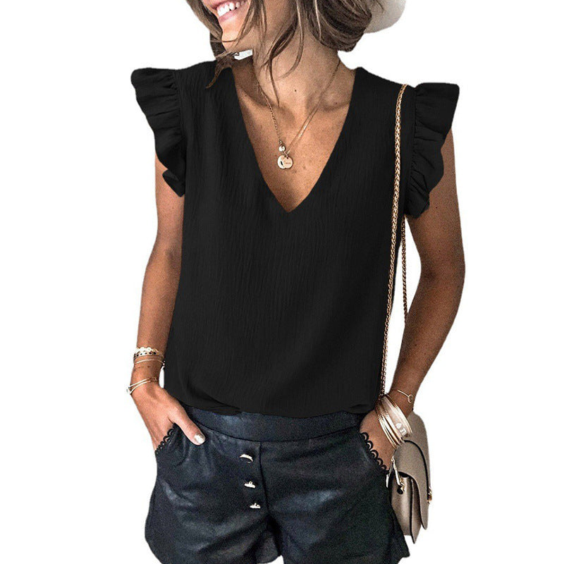 Women's Summer Casual T-shirt Solid Color V-neck Pullover Blouses