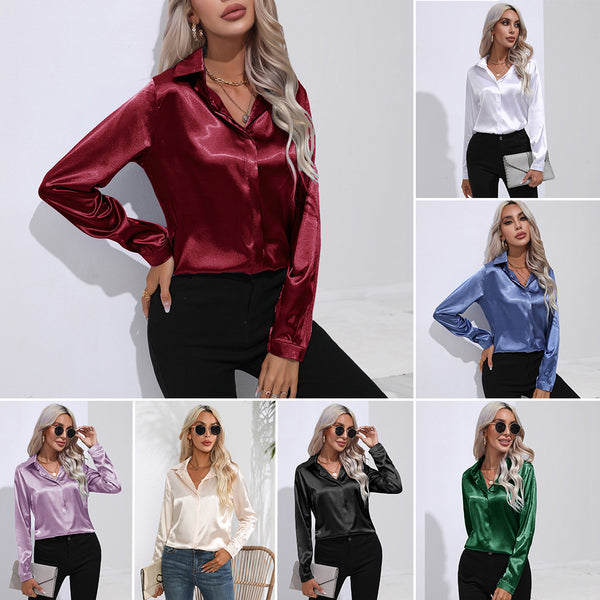 Women's One Button Satin Shirt Long Sleeve Blouses