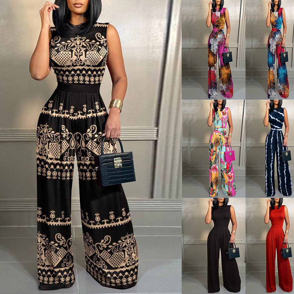 Women's Spring Trousers Slim-fit Printed Sleeveless Jumpsuits