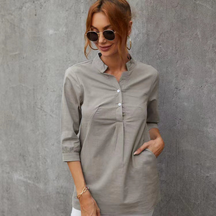 Women's Three-quarter Length Sleeve Stand Collar Cotton And Linen Leisure Blouses