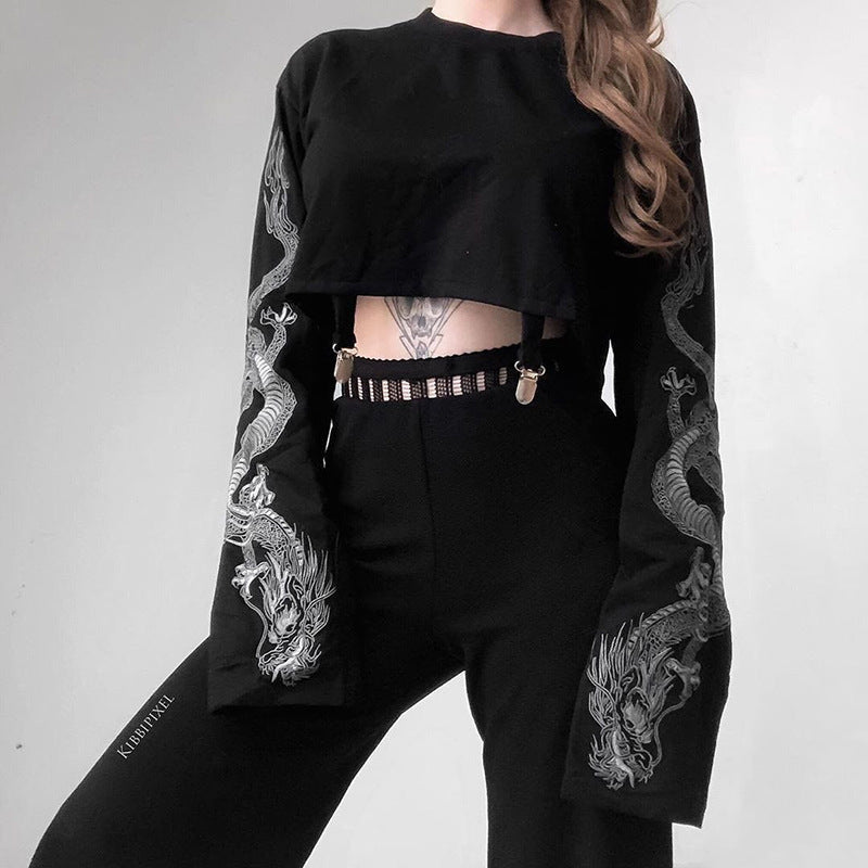 Women's Dark Dragon Pattern Long-sleeved Hip Loose Sweaters
