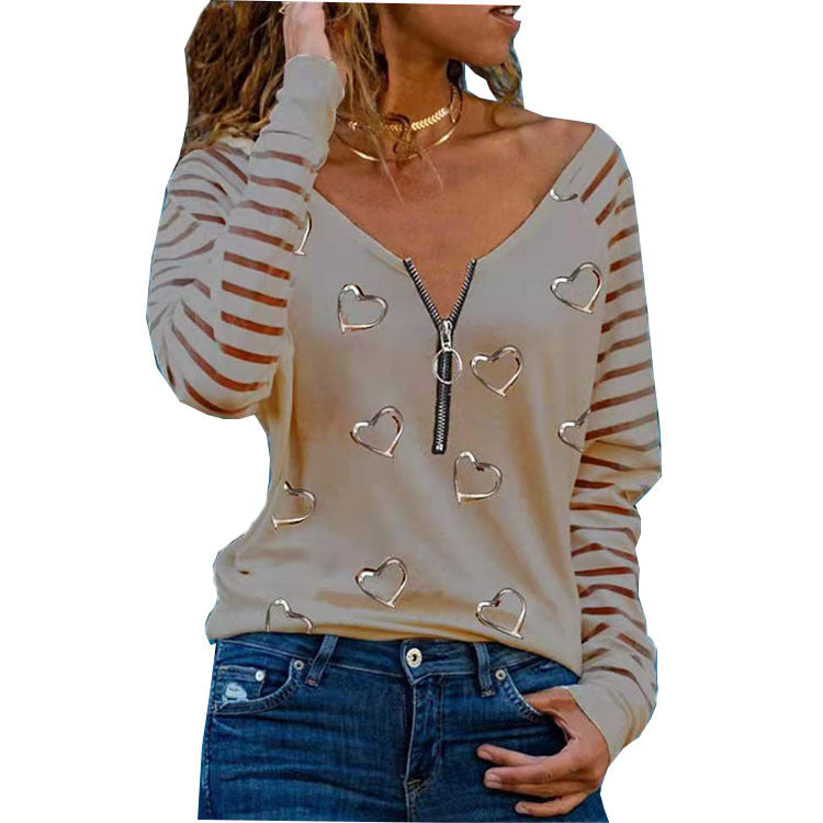 Women's Heart Printing Long-sleeve Zipper T-shirt Blouses