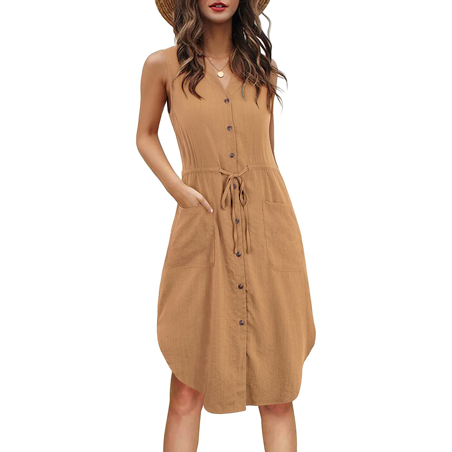 Women's Summer Casual Sleeveless Buttons Pocket Dress Dresses