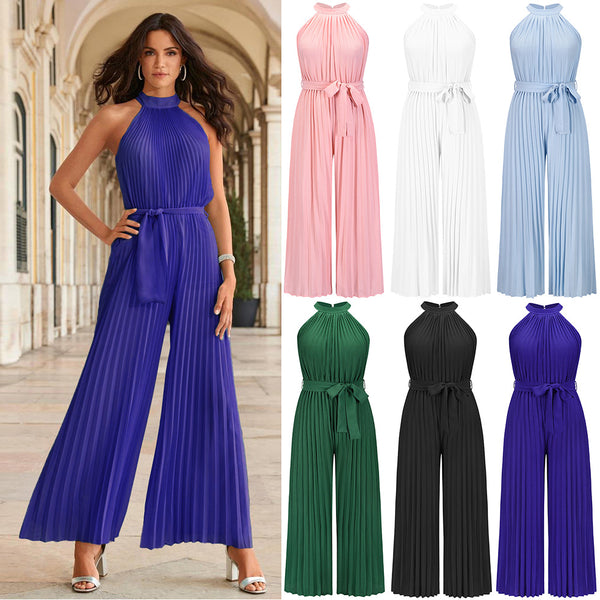 Solid Color Design Vacation Pleated Halter Jumpsuits