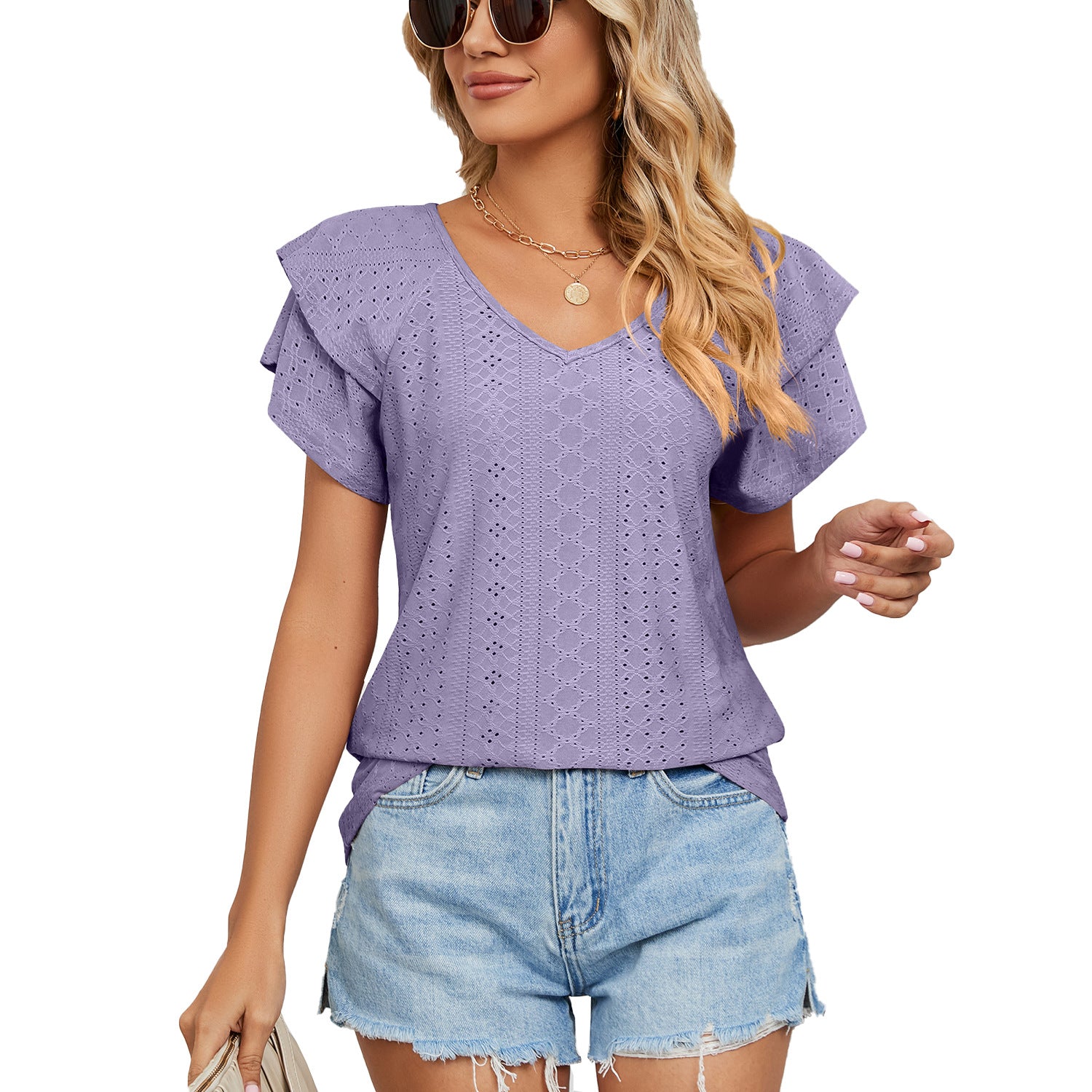 Women's Solid Color Double-layer Sleeve V-neck Loose Blouses