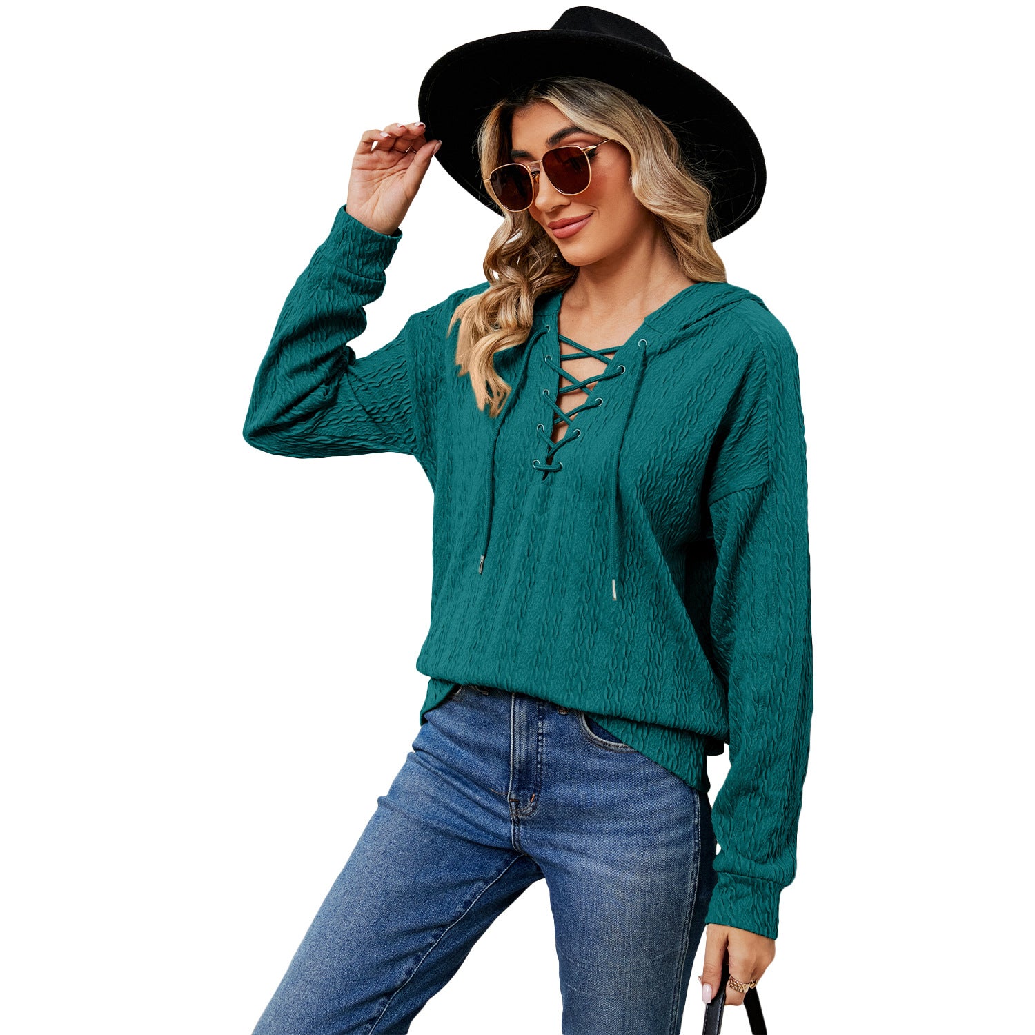 Women's Solid Color Hooded Neckline Tied Long Tops