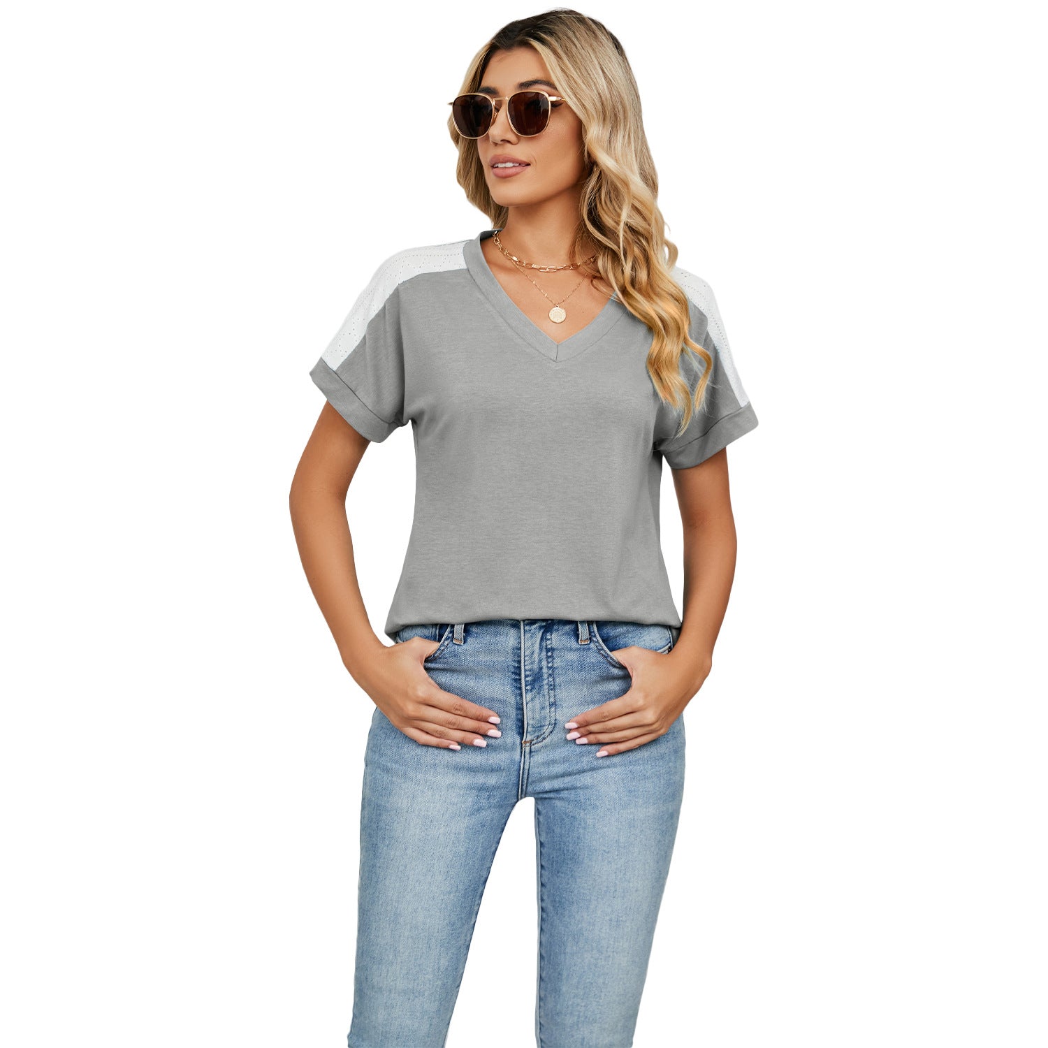 Women's Raglan Color Matching Sleeve V-neck Slit Blouses