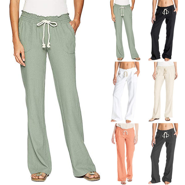 Women's Linen Pure Color Tied Loose Wide-leg Pants