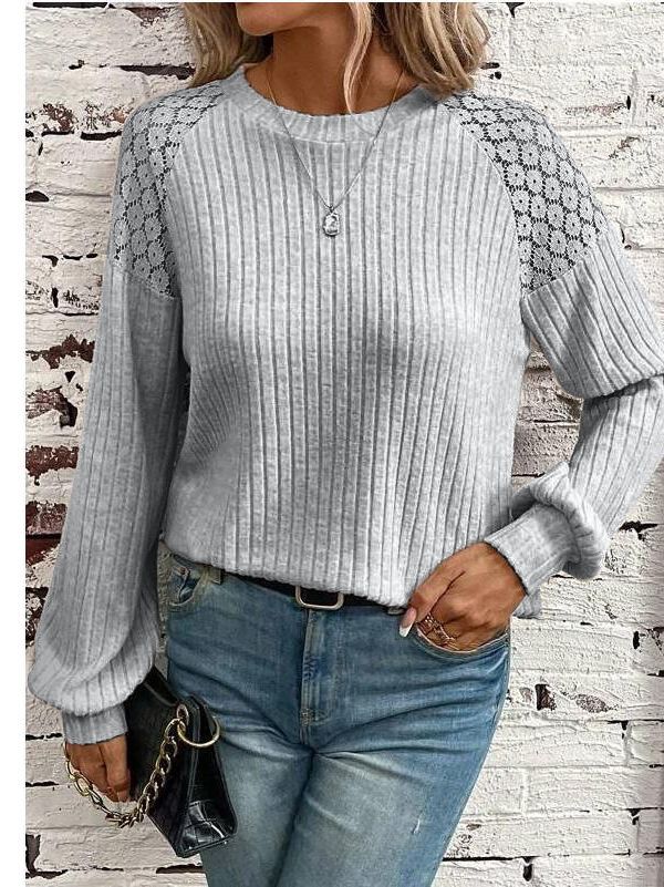 Damen- und lässige, einfarbige Pullover mit Spitzennähten, lange Pullover