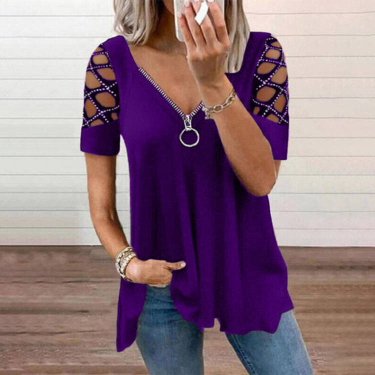 Women's Fashion V-neck Solid Color Hollow Sleeve Rhinestone Tops