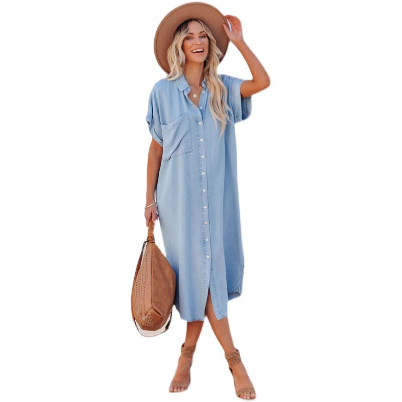 Solid Color Denim Sleeve Long Pattern Shirt Dresses