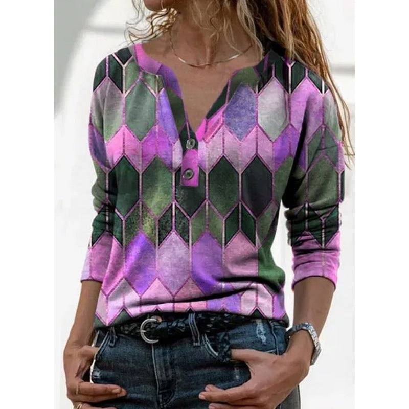 Women's Long Sleeve Printed V-neck Pullover Loose Blouses