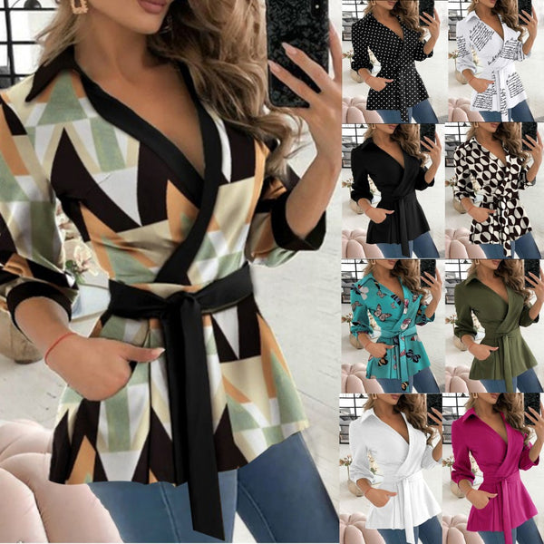 Women's Autumn Print Long Sleeve Belt Shirt Blouses