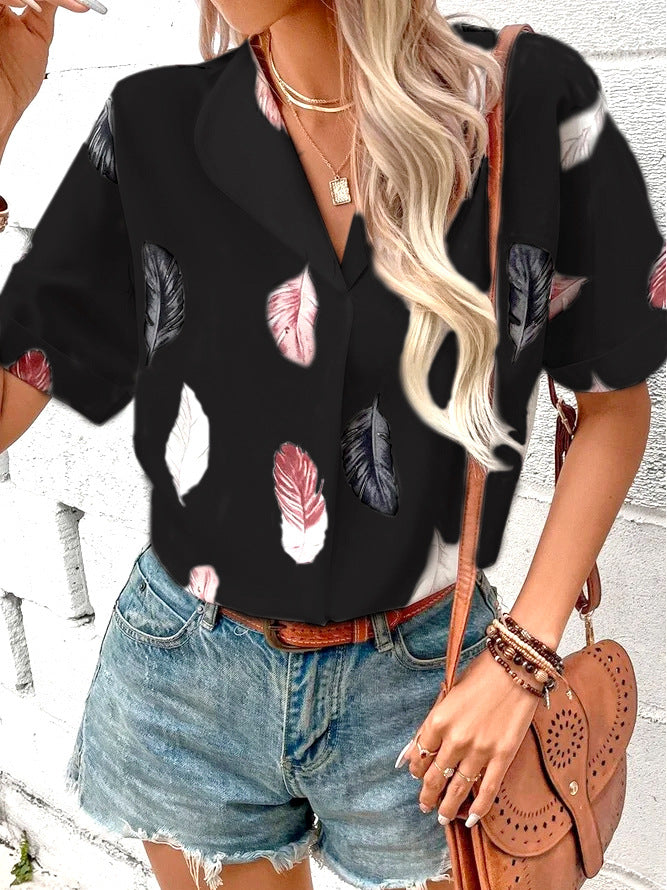 Women's Summer Lapel Feather Printed Sleeve Blouses