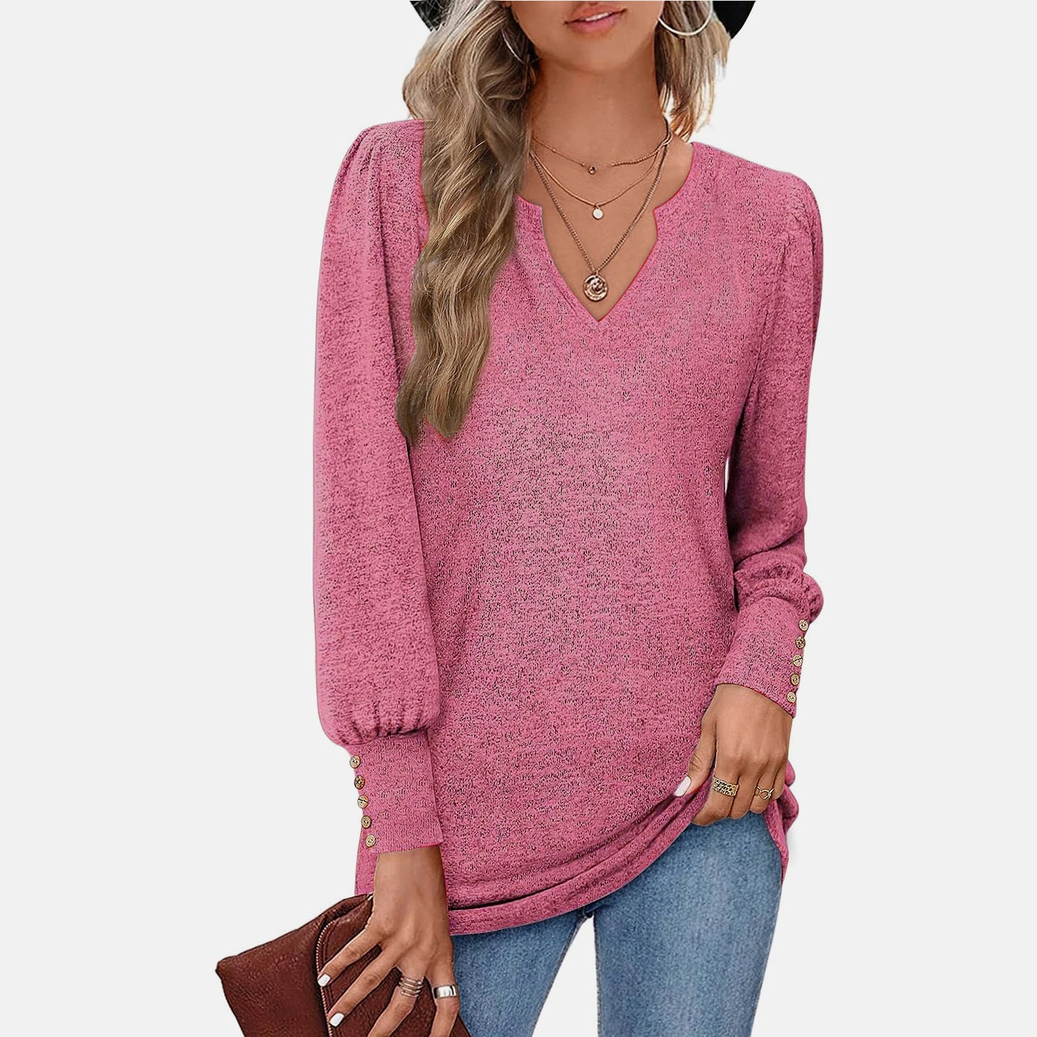 Women's Casual Waist Puff Sleeve Button Long Tops