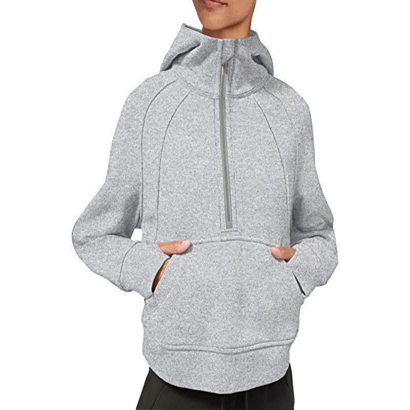 Hooded Pullover Solid Color Pocket Casual Long Sleeve Zipper Sweaters