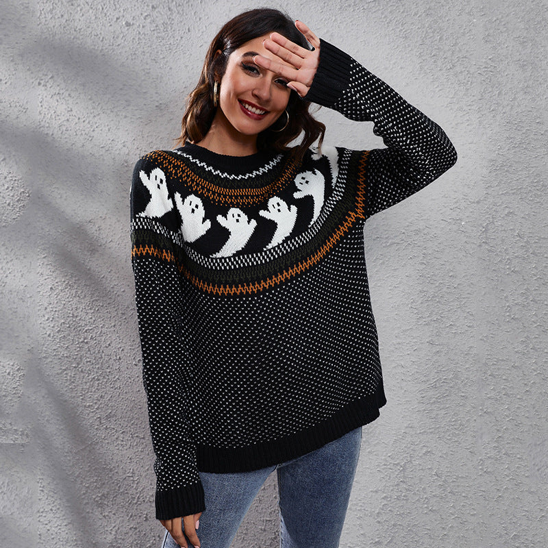 Damen Halloween Ghost Retro Dots Langarm-Strickpullover