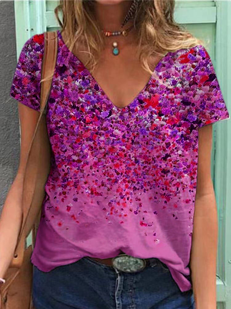 Women's Summer Collar Floral Printed Short-sleeved T-shirt Blouses