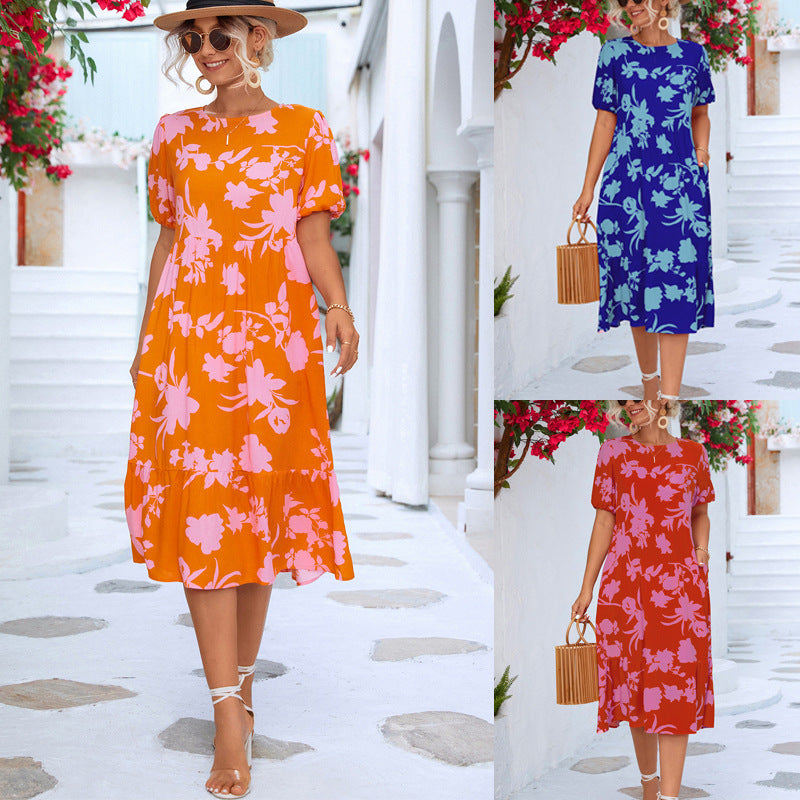 Elegant Classic Versatile Puff Sleeve Printed Dresses