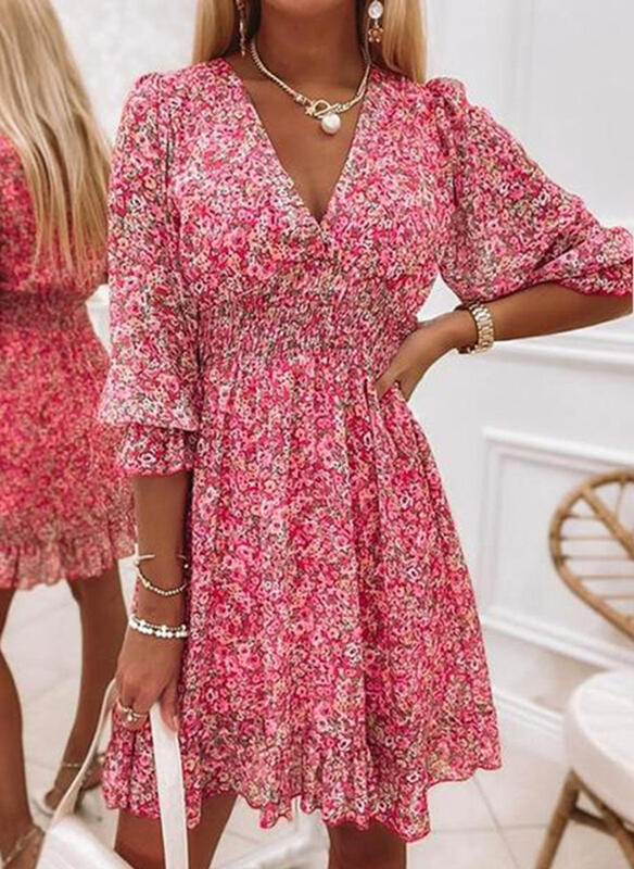 Pullover Print Sleeve Puff Mid-waist Floral Dresses