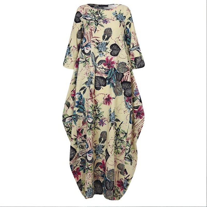 Women's Cotton Linen Printed Retro Pullover Loose Round Dresses