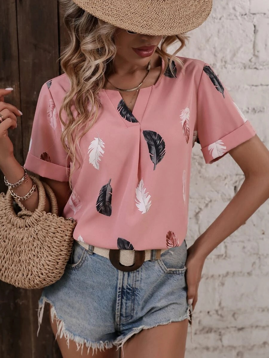 Women's Summer V-neck Feather Print Sleeve Loose Blouses