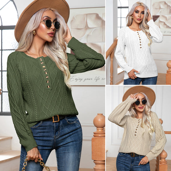 Women's Casual Button Twisted Long Sleeve Twist Sweaters