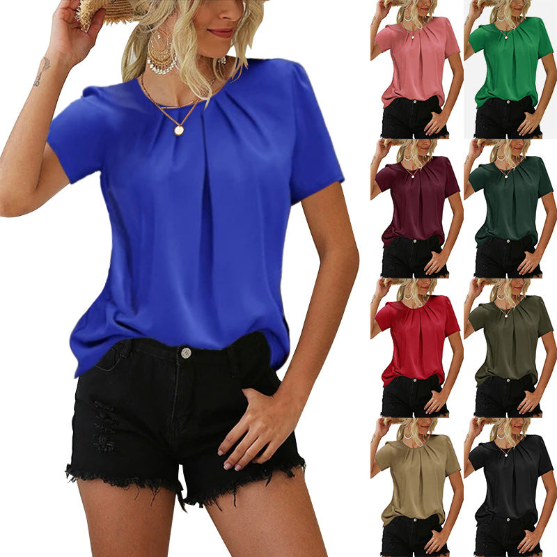 Summer Solid Color Pleated Round Neck Blouses