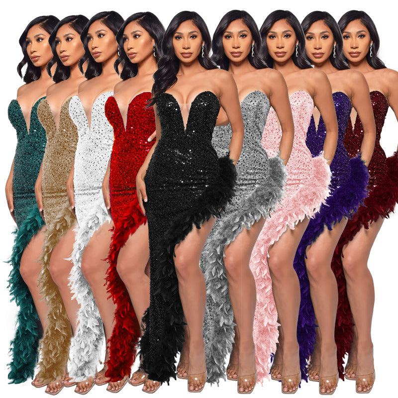 Women's Tube Backless Sequined Feather Dress Dresses