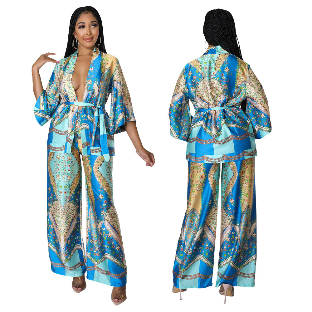 Women's Silk-like Printed Wide-leg Two-piece Multi-color Optional Suits