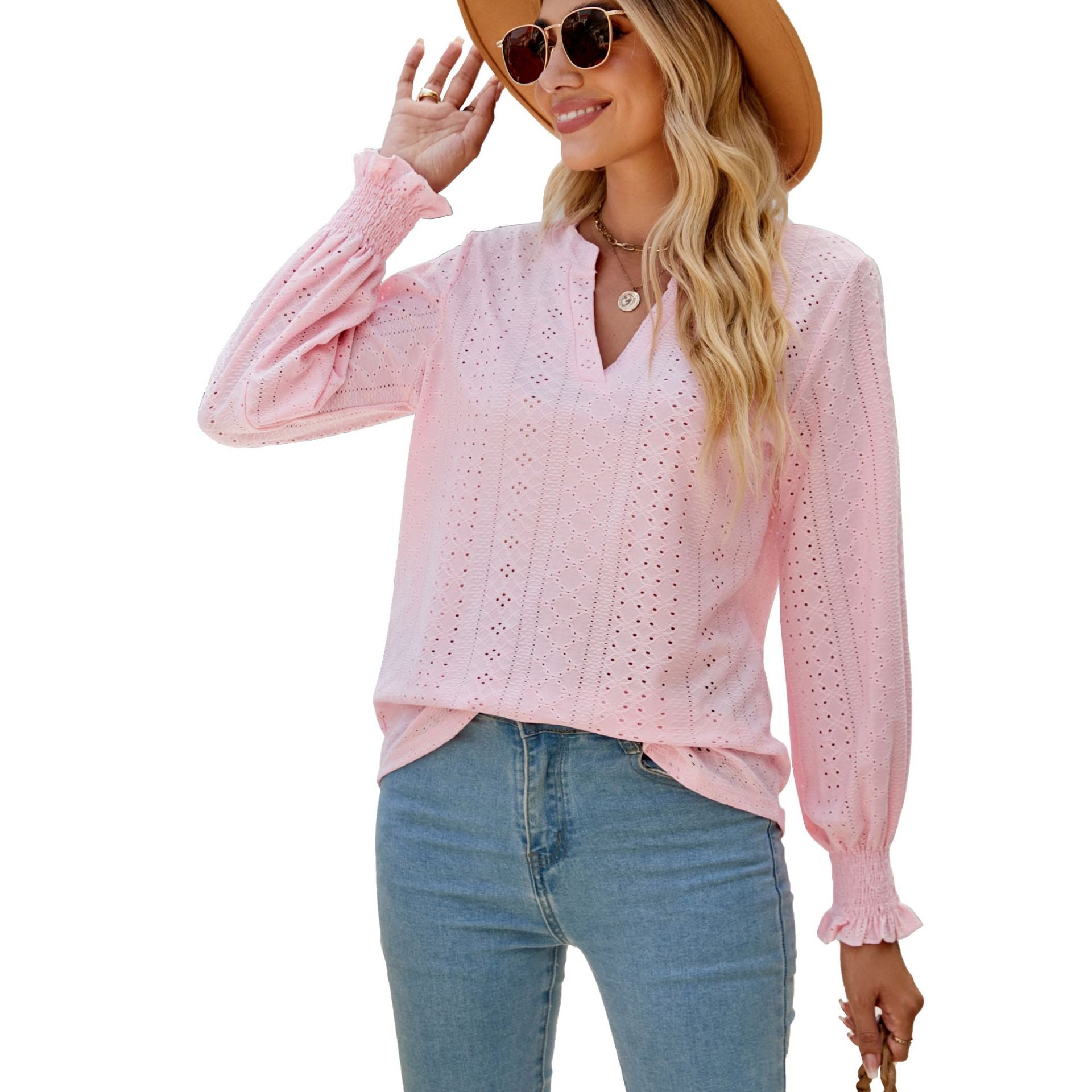 Color Hollow-out Pleated Ruffle Sleeve V-neck Loose Blouses